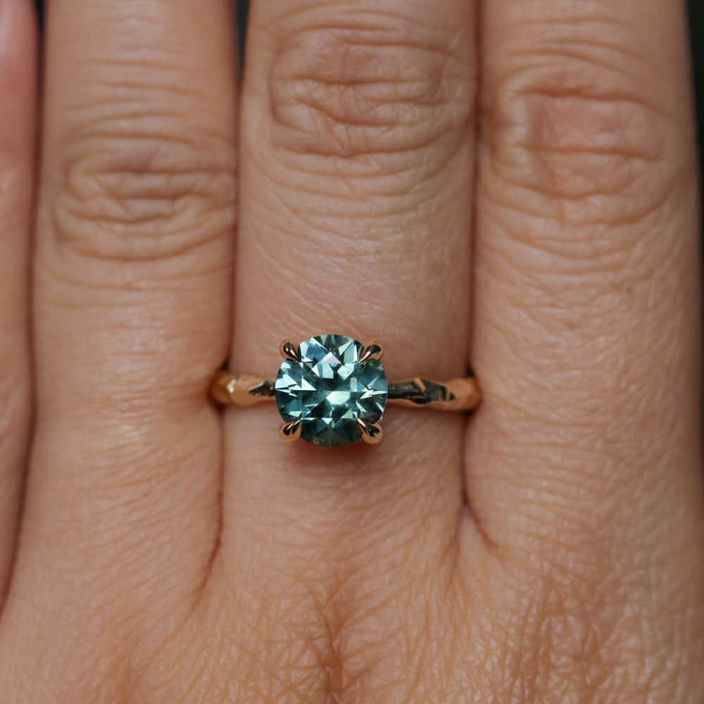 2.06ct Round Untreated Teal Montana Sapphire Hidden Halo Low Profile Evergreen Carved Four Prong Solitaire in 14k Yellow Gold