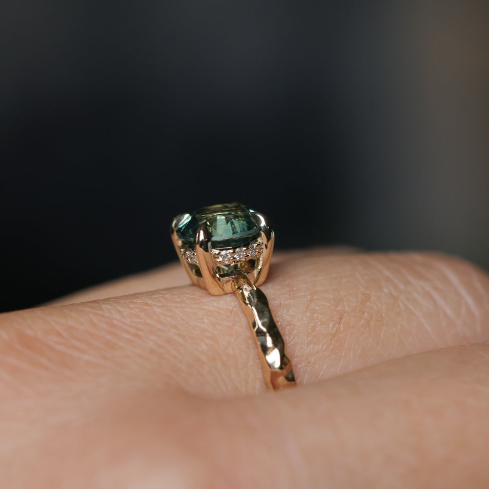 2.06ct Round Untreated Teal Montana Sapphire Hidden Halo Low Profile Evergreen Carved Four Prong Solitaire in 14k Yellow Gold