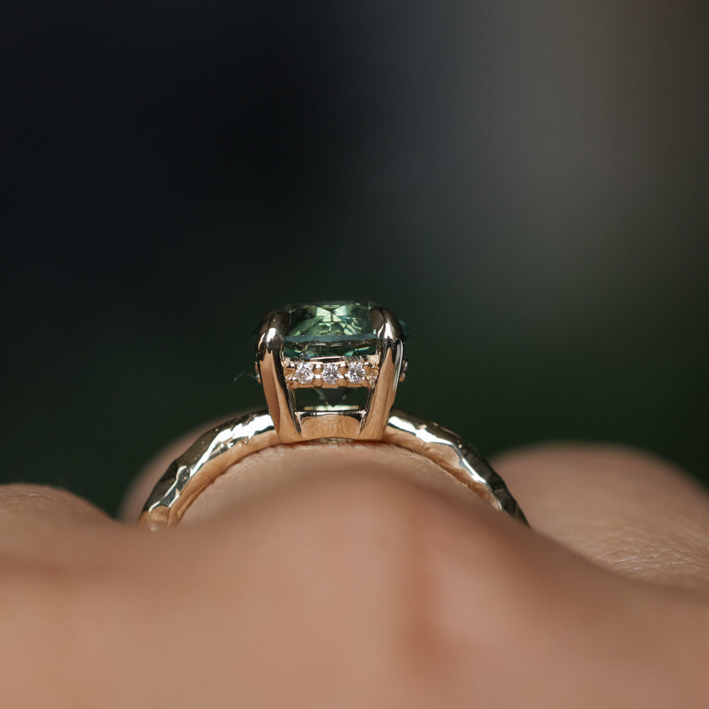 2.06ct Round Untreated Teal Montana Sapphire Hidden Halo Low Profile Evergreen Carved Four Prong Solitaire in 14k Yellow Gold