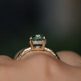 2.06ct Round Untreated Teal Montana Sapphire Hidden Halo Low Profile Evergreen Carved Four Prong Solitaire in 14k Yellow Gold