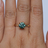 2.06ct Round Untreated Teal Montana Sapphire Hidden Halo Low Profile Evergreen Carved Four Prong Solitaire in 14k Yellow Gold