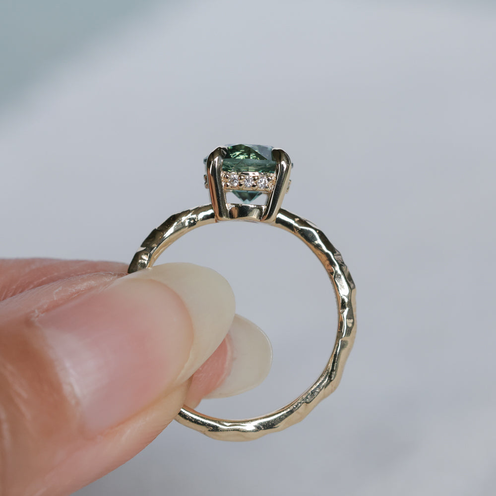 2.06ct Round Untreated Teal Montana Sapphire Hidden Halo Low Profile Evergreen Carved Four Prong Solitaire in 14k Yellow Gold