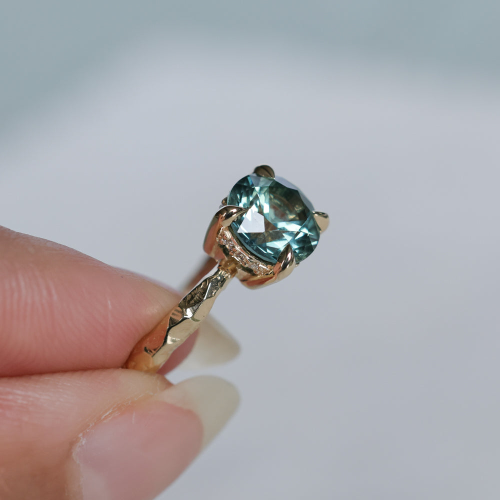 2.06ct Round Untreated Teal Montana Sapphire Hidden Halo Low Profile Evergreen Carved Four Prong Solitaire in 14k Yellow Gold