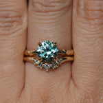 2.06ct Round Untreated Teal Montana Sapphire Hidden Halo Low Profile Evergreen Carved Four Prong Solitaire in 14k Yellow Gold