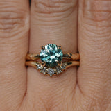2.06ct Round Untreated Teal Montana Sapphire Hidden Halo Low Profile Evergreen Carved Four Prong Solitaire in 14k Yellow Gold