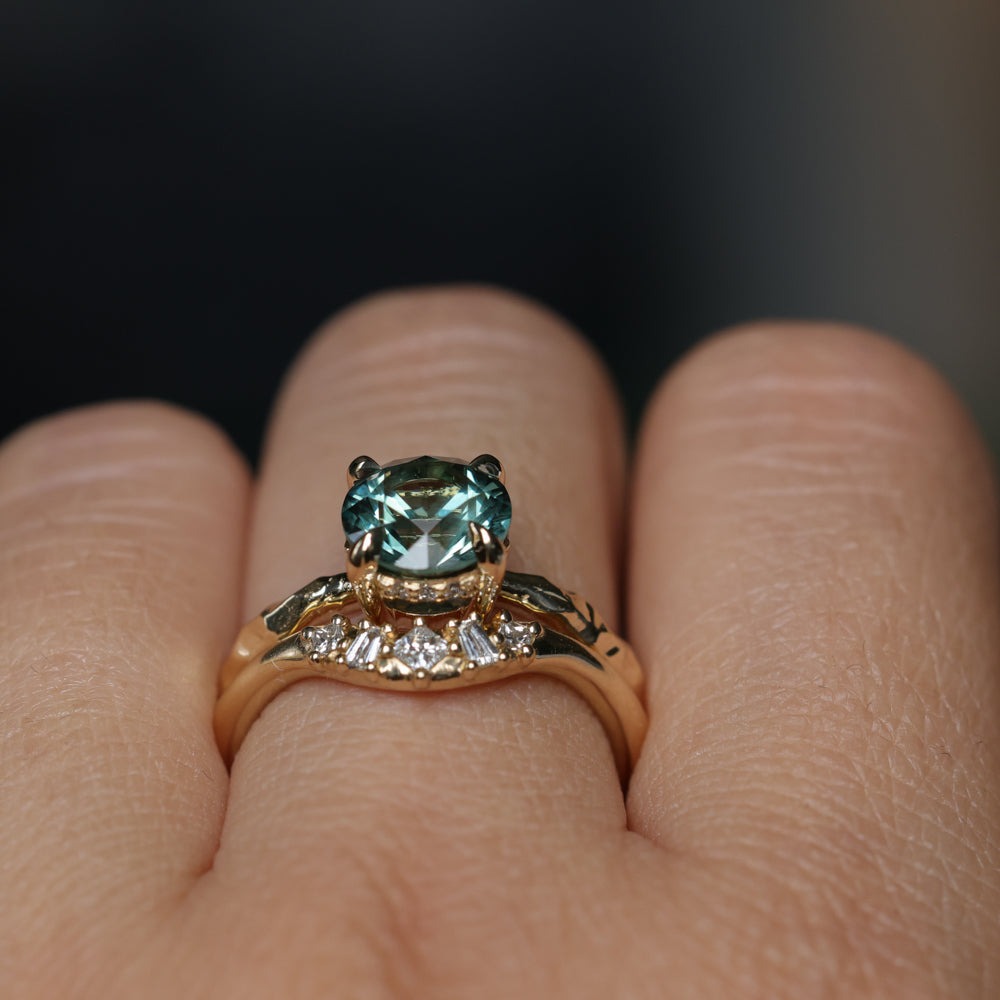 2.06ct Round Untreated Teal Montana Sapphire Hidden Halo Low Profile Evergreen Carved Four Prong Solitaire in 14k Yellow Gold