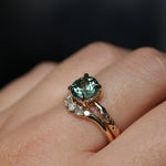 2.06ct Round Untreated Teal Montana Sapphire Hidden Halo Low Profile Evergreen Carved Four Prong Solitaire in 14k Yellow Gold