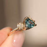 1.23ct Teal Montana Sapphire and Genuine Antique Diamond Mountainscape Ring in 14k Yellow Gold