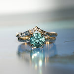 2.06ct Round Untreated Teal Montana Sapphire Hidden Halo Low Profile Evergreen Carved Four Prong Solitaire in 14k Yellow Gold