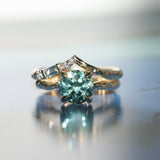 2.06ct Round Untreated Teal Montana Sapphire Hidden Halo Low Profile Evergreen Carved Four Prong Solitaire in 14k Yellow Gold