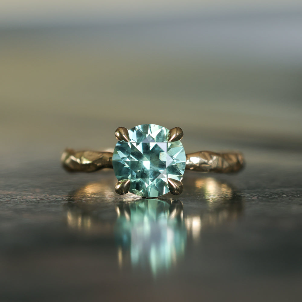 2.06ct Round Untreated Teal Montana Sapphire Hidden Halo Low Profile Evergreen Carved Four Prong Solitaire in 14k Yellow Gold