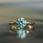 2.06ct Round Untreated Teal Montana Sapphire Hidden Halo Low Profile Evergreen Carved Four Prong Solitaire in 14k Yellow Gold
