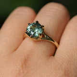 3.01ct Round GIA Teal Montana Sapphire Low Profile Six Prong Split Shank Solitaire in 18k Yellow Gold