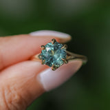 3.01ct Round GIA Teal Montana Sapphire Low Profile Six Prong Split Shank Solitaire in 18k Yellow Gold