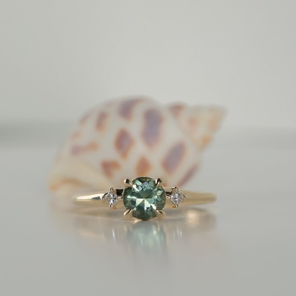 0.93ct Round Seafoam Montana Sapphire and Princess Cut Diamond Rapids Low Profile Ring in 14k Yellow Gold