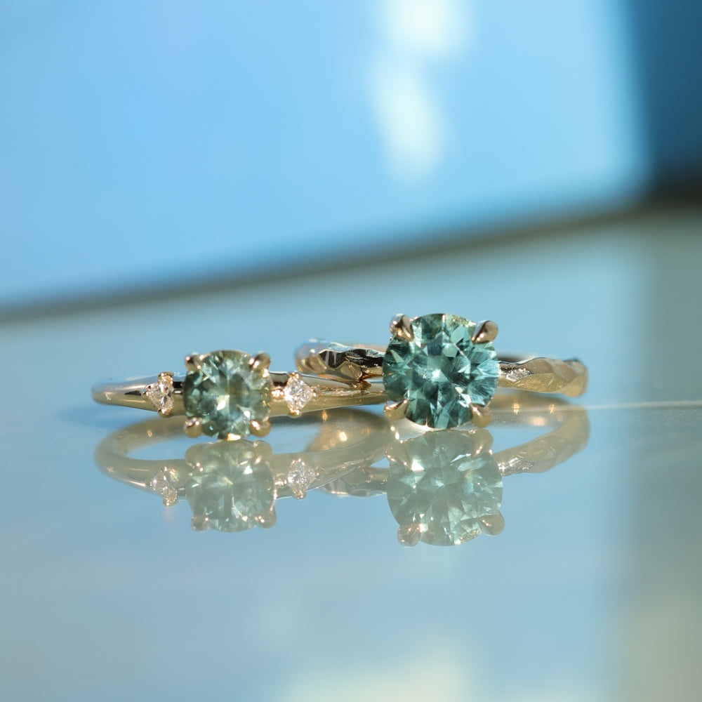 2.06ct Round Untreated Teal Montana Sapphire Hidden Halo Low Profile Evergreen Carved Four Prong Solitaire in 14k Yellow Gold