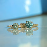 2.06ct Round Untreated Teal Montana Sapphire Hidden Halo Low Profile Evergreen Carved Four Prong Solitaire in 14k Yellow Gold
