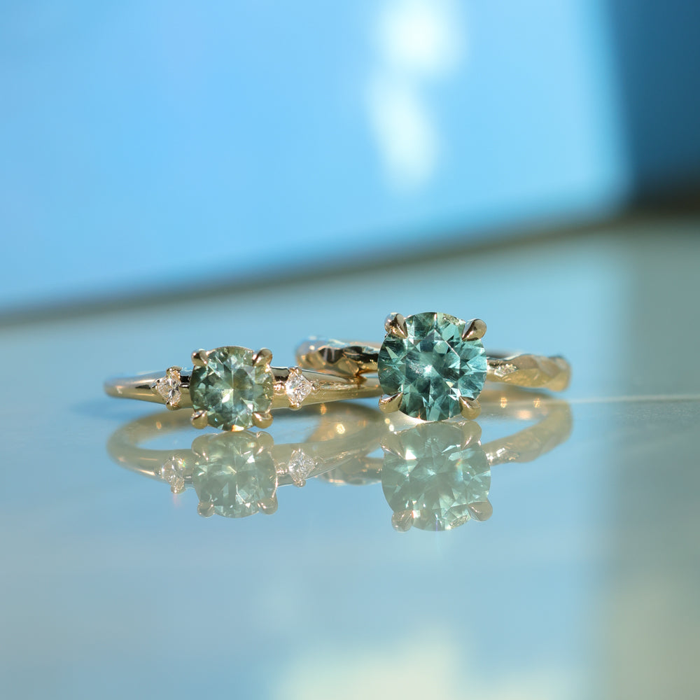 0.93ct Round Seafoam Montana Sapphire and Princess Cut Diamond Rapids Low Profile Ring in 14k Yellow Gold