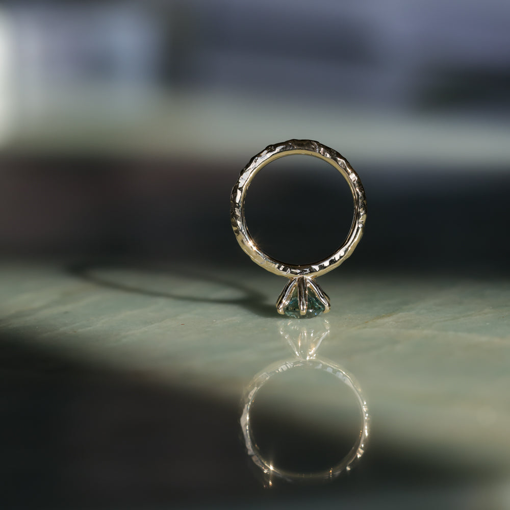 2.10ct Round Parti Blue Montana Sapphire Six Prong Evergreen Carved Solitaire in 14k Yellow Gold