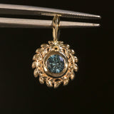 Round Precision Cut Montana Sapphire Vine Frame Bezel Set Pendants in 14k Yellow Gold