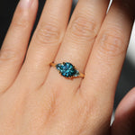 1.82ct Round Teal Precision Cut Montana Sapphire and Trillion Sapphire Low Profile Three Stone Ring in 18k Yellow Gold