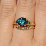 1.82ct Round Teal Precision Cut Montana Sapphire and Trillion Sapphire Low Profile Three Stone Ring in 18k Yellow Gold