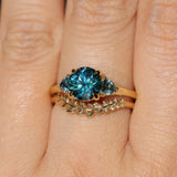 1.82ct Round Teal Precision Cut Montana Sapphire and Trillion Sapphire Low Profile Three Stone Ring in 18k Yellow Gold