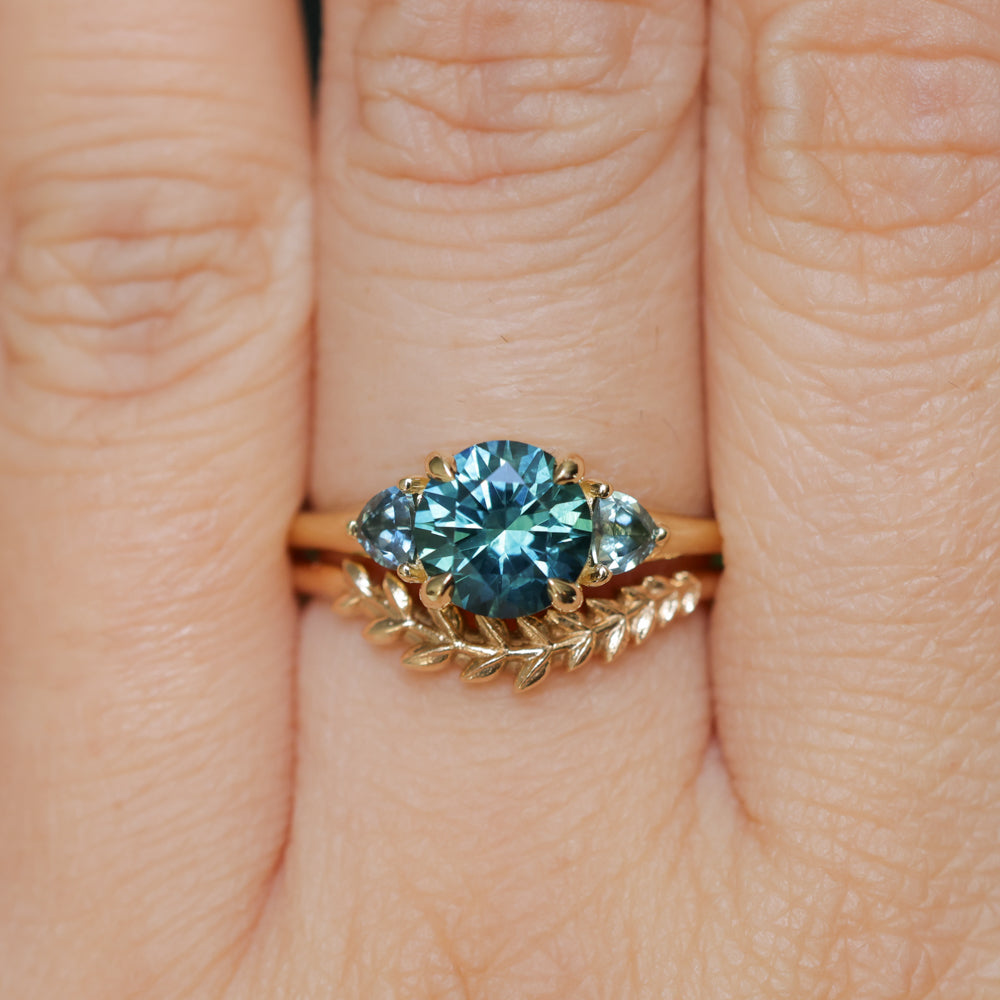 1.82ct Round Teal Precision Cut Montana Sapphire and Trillion Sapphire Low Profile Three Stone Ring in 18k Yellow Gold