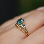 1.82ct Round Teal Precision Cut Montana Sapphire and Trillion Sapphire Low Profile Three Stone Ring in 18k Yellow Gold