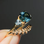 1.82ct Round Teal Precision Cut Montana Sapphire and Trillion Sapphire Low Profile Three Stone Ring in 18k Yellow Gold