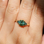 1.82ct Round Teal Precision Cut Montana Sapphire and Trillion Sapphire Low Profile Three Stone Ring in 18k Yellow Gold