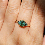1.82ct Round Teal Precision Cut Montana Sapphire and Trillion Sapphire Low Profile Three Stone Ring in 18k Yellow Gold