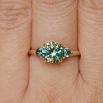 1.50ct Round Parti Yellow Blue Precision Cut Montana Sapphire and Trillion Sapphire Low Profile Three Stone Ring in 18k Yellow Gold