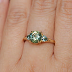 1.50ct Round Parti Yellow Blue Precision Cut Montana Sapphire and Trillion Sapphire Low Profile Three Stone Ring in 18k Yellow Gold