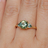 1.50ct Round Parti Yellow Blue Precision Cut Montana Sapphire and Trillion Sapphire Low Profile Three Stone Ring in 18k Yellow Gold
