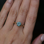 2.10ct Round Parti Blue Montana Sapphire Six Prong Evergreen Carved Solitaire in 14k Yellow Gold