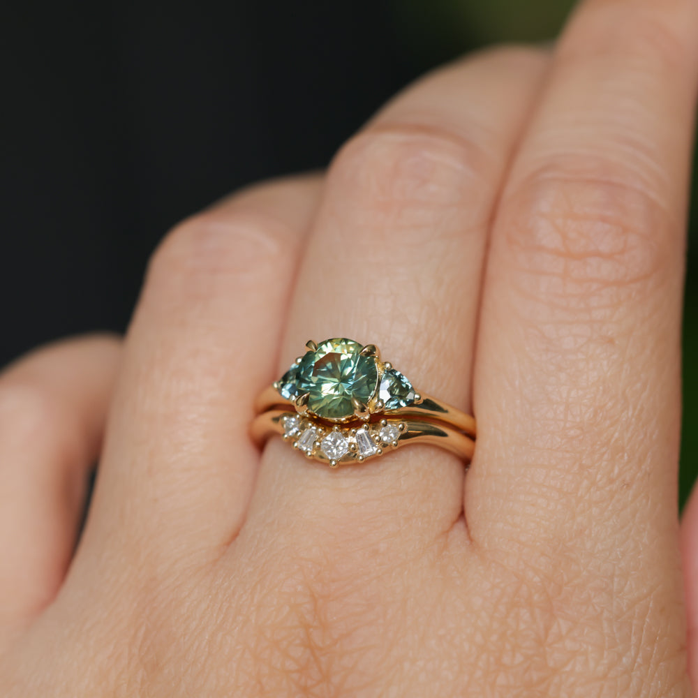 1.50ct Round Parti Yellow Blue Precision Cut Montana Sapphire and Trillion Sapphire Low Profile Three Stone Ring in 18k Yellow Gold