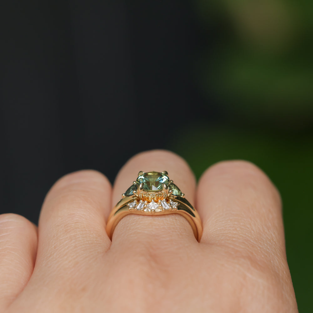 1.50ct Round Parti Yellow Blue Precision Cut Montana Sapphire and Trillion Sapphire Low Profile Three Stone Ring in 18k Yellow Gold
