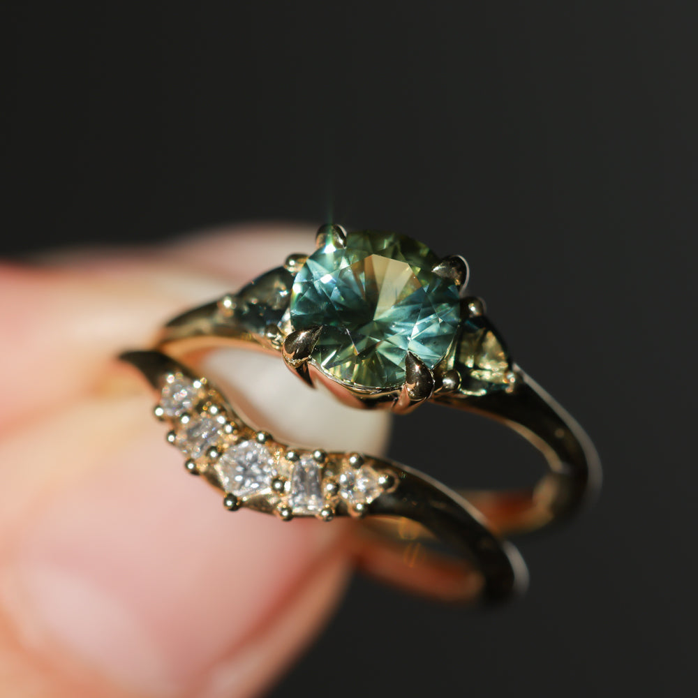 1.50ct Round Parti Yellow Blue Precision Cut Montana Sapphire and Trillion Sapphire Low Profile Three Stone Ring in 18k Yellow Gold
