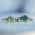 1.82ct Round Teal Precision Cut Montana Sapphire and Trillion Sapphire Low Profile Three Stone Ring in 18k Yellow Gold