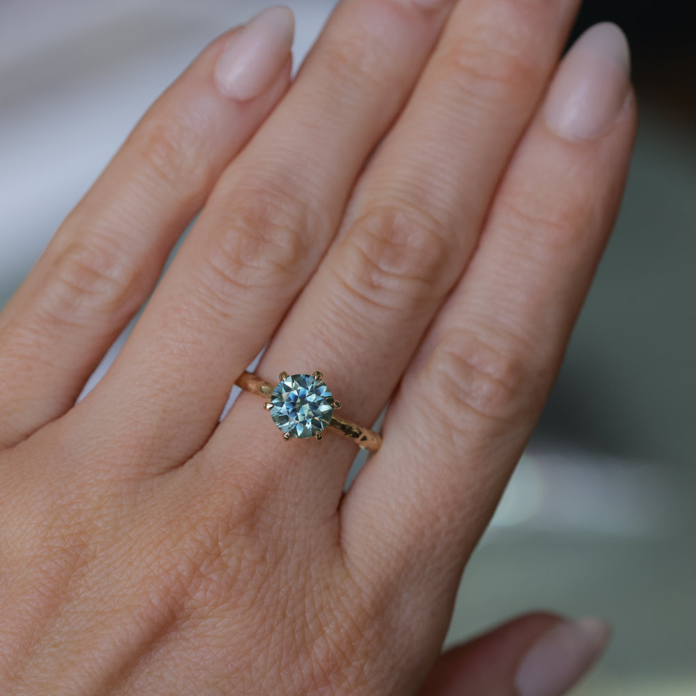 2.10ct Round Parti Blue Montana Sapphire Six Prong Evergreen Carved Solitaire in 14k Yellow Gold