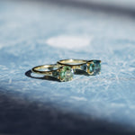 1.50ct Round Parti Yellow Blue Precision Cut Montana Sapphire and Trillion Sapphire Low Profile Three Stone Ring in 18k Yellow Gold