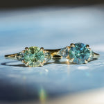 1.50ct Round Parti Yellow Blue Precision Cut Montana Sapphire and Trillion Sapphire Low Profile Three Stone Ring in 18k Yellow Gold