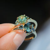 1.50ct Round Parti Yellow Blue Precision Cut Montana Sapphire and Trillion Sapphire Low Profile Three Stone Ring in 18k Yellow Gold