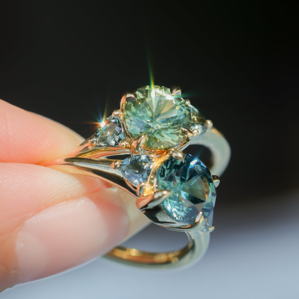 1.82ct Round Teal Precision Cut Montana Sapphire and Trillion Sapphire Low Profile Three Stone Ring in 18k Yellow Gold