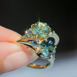 1.50ct Round Parti Yellow Blue Precision Cut Montana Sapphire and Trillion Sapphire Low Profile Three Stone Ring in 18k Yellow Gold