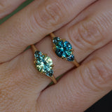 1.82ct Round Teal Precision Cut Montana Sapphire and Trillion Sapphire Low Profile Three Stone Ring in 18k Yellow Gold