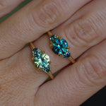 1.50ct Round Parti Yellow Blue Precision Cut Montana Sapphire and Trillion Sapphire Low Profile Three Stone Ring in 18k Yellow Gold