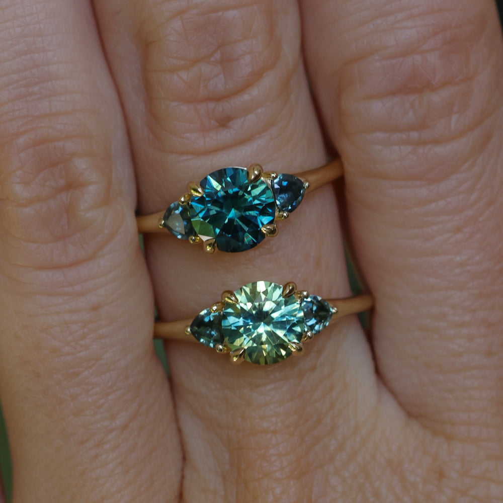 1.82ct Round Teal Precision Cut Montana Sapphire and Trillion Sapphire Low Profile Three Stone Ring in 18k Yellow Gold