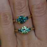 1.50ct Round Parti Yellow Blue Precision Cut Montana Sapphire and Trillion Sapphire Low Profile Three Stone Ring in 18k Yellow Gold